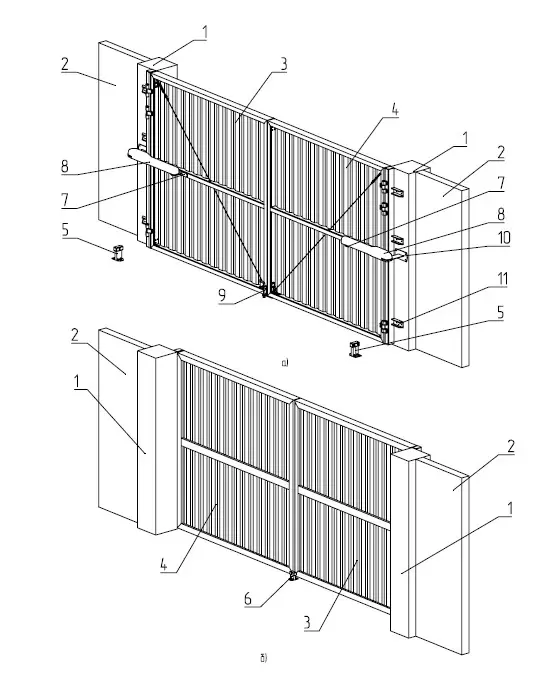 Схема монтажа распашных ворот: накладной с открыванием внутрь